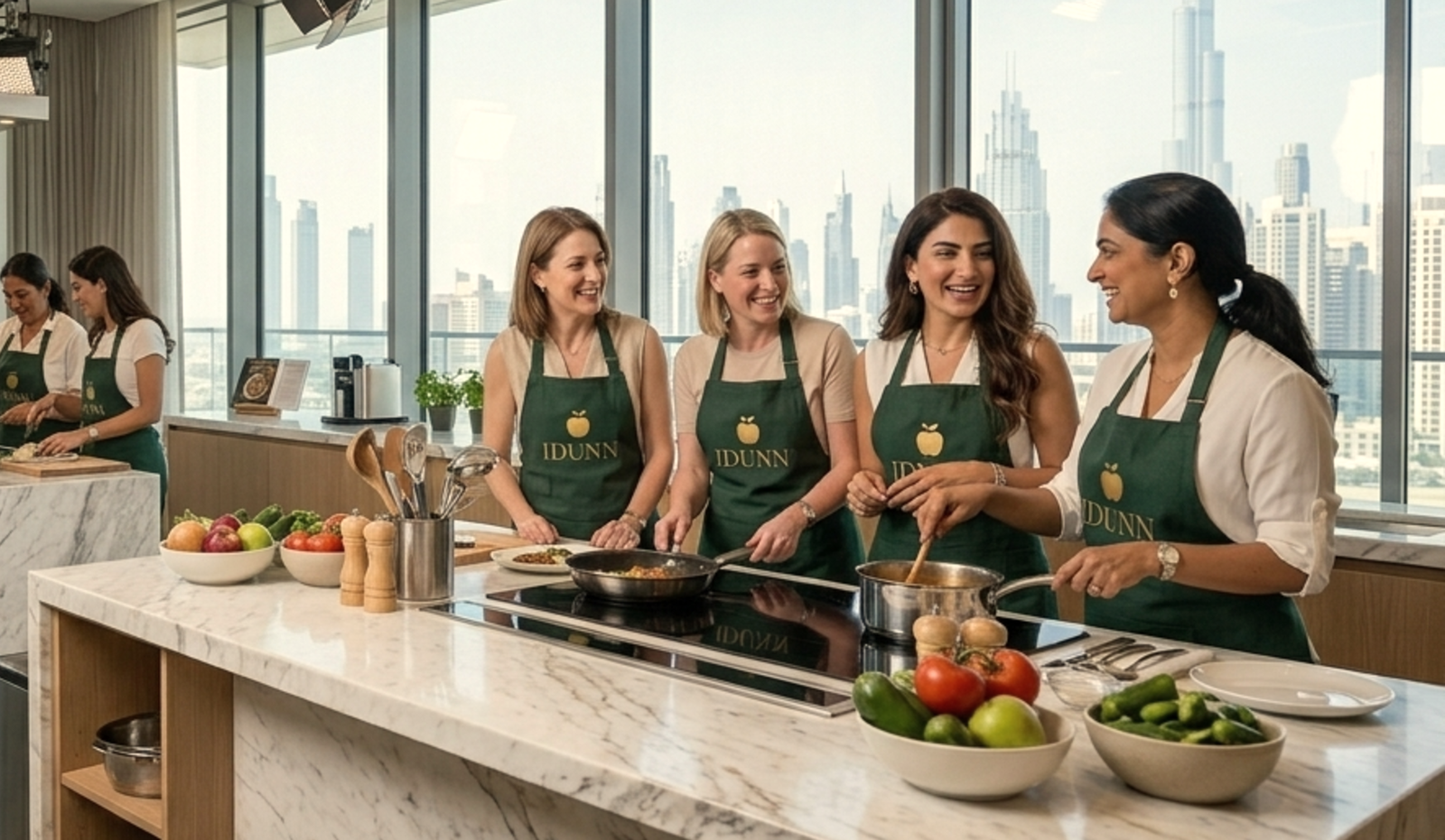 Women in linen aprons cooking together in a bright kitchen